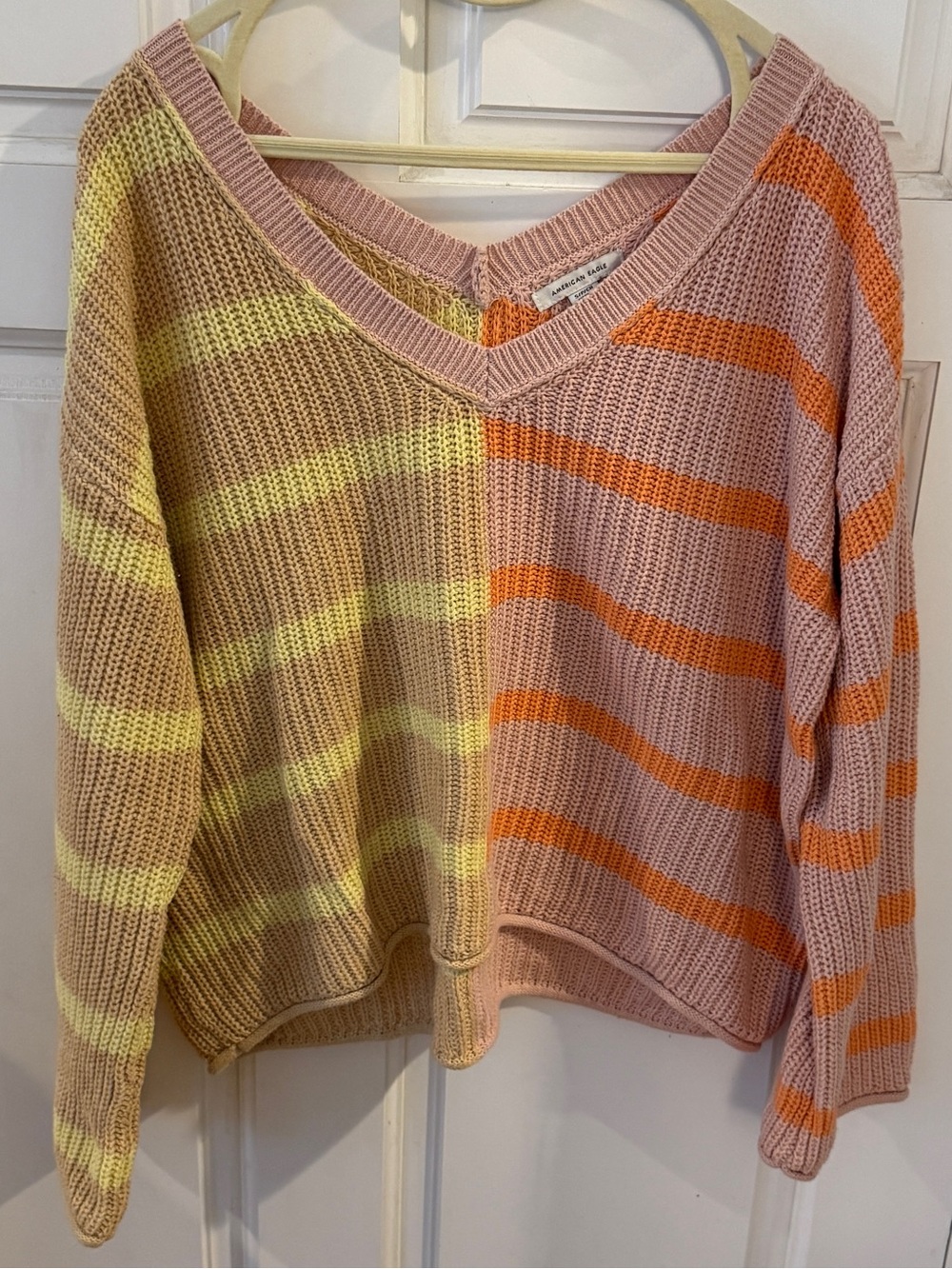 American Eagle Outfitters Cotton V-Neck Sweater with Orange & Yellow Stripes